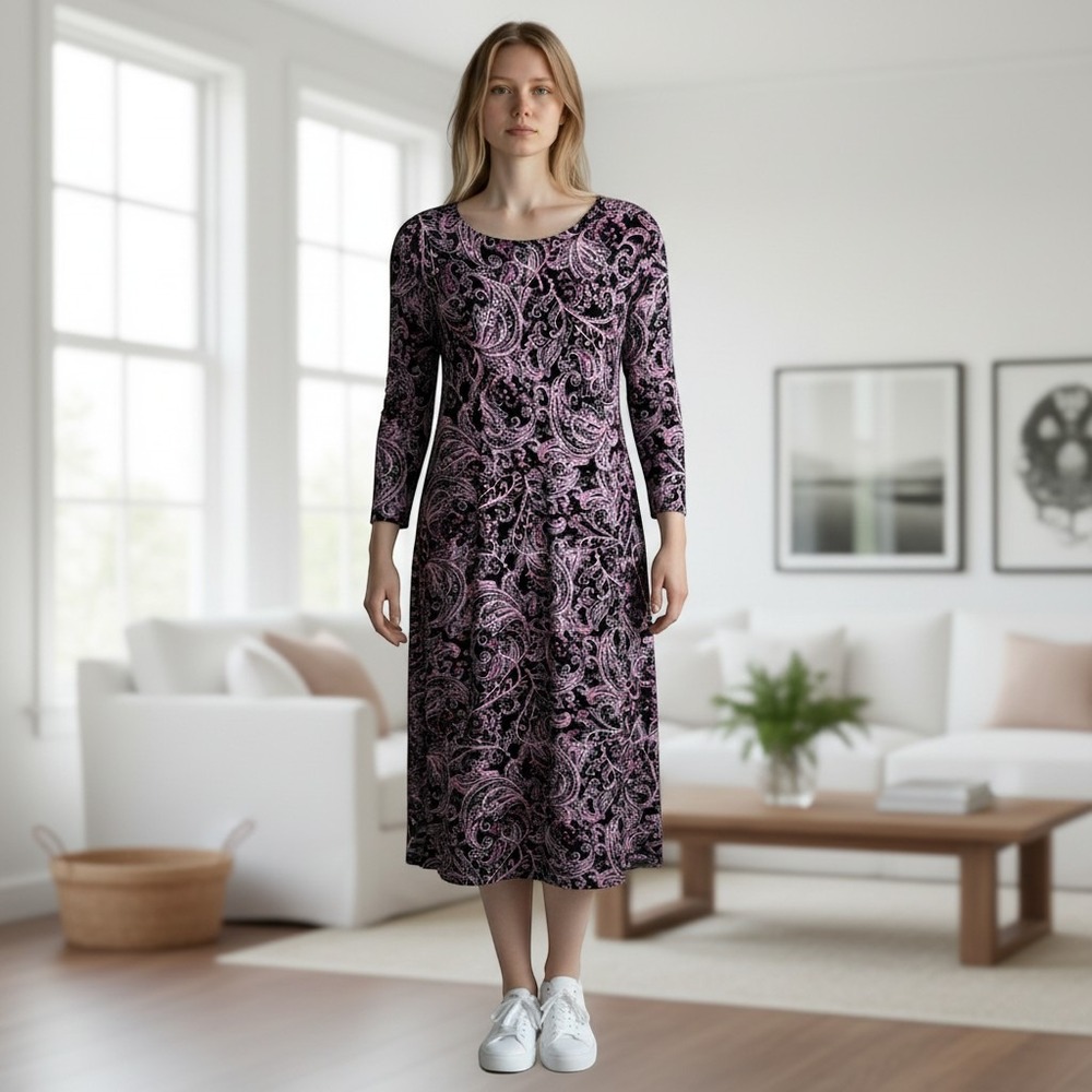 J.Jill Wearever Black Lavender Paisley Print Scoop Neck 3/4 Sleeve Dress Small - Picture 5 of 7